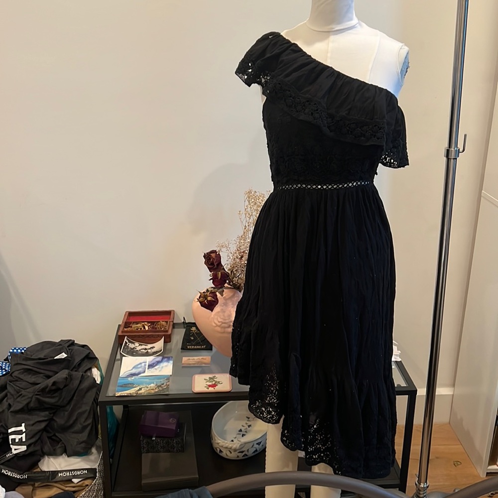 Loveshackfancy black lace one shoulder Pamela dress